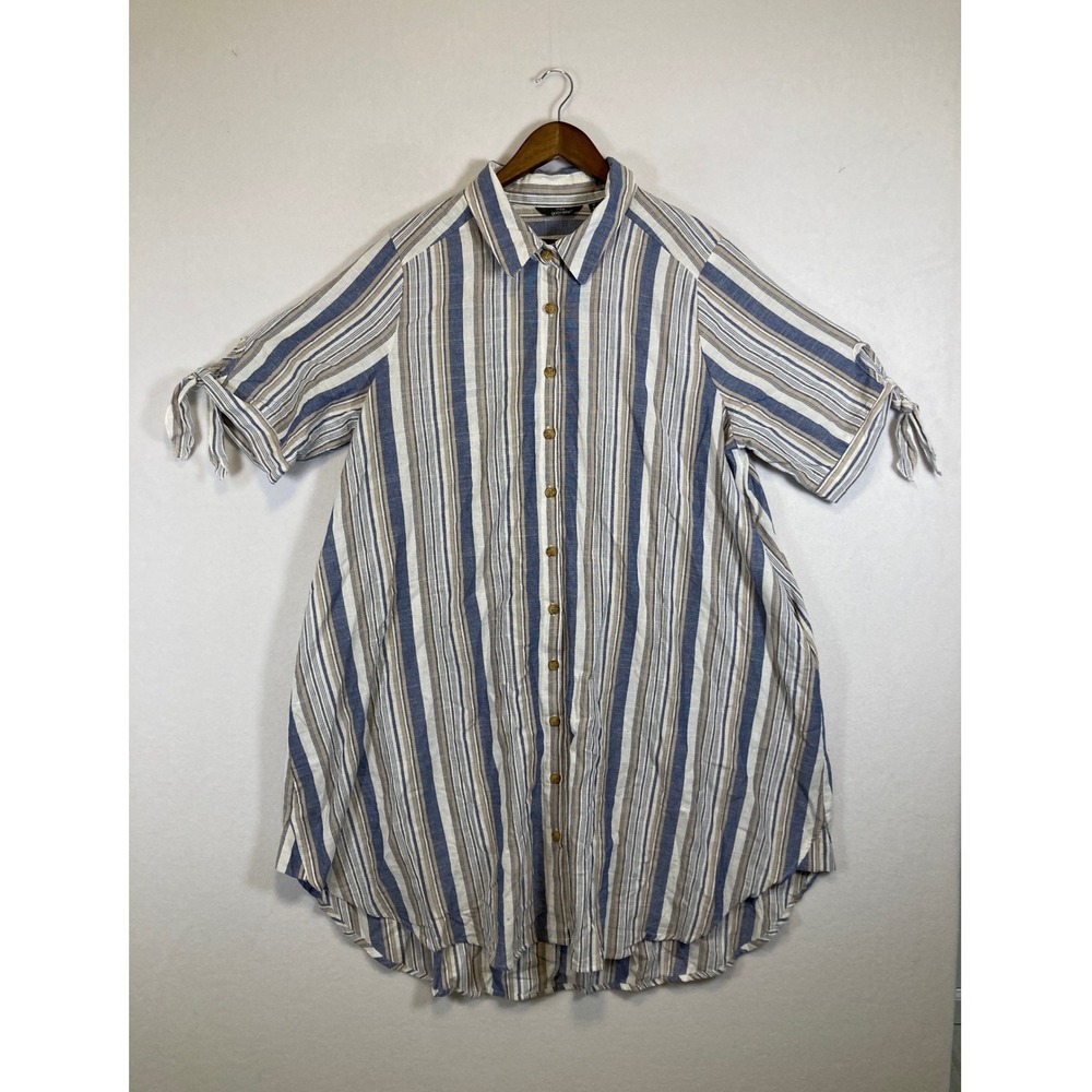 Costal Grandma Striped Shirt Dress Women 2X Blue Tan Tie Sleeve Button Tunic